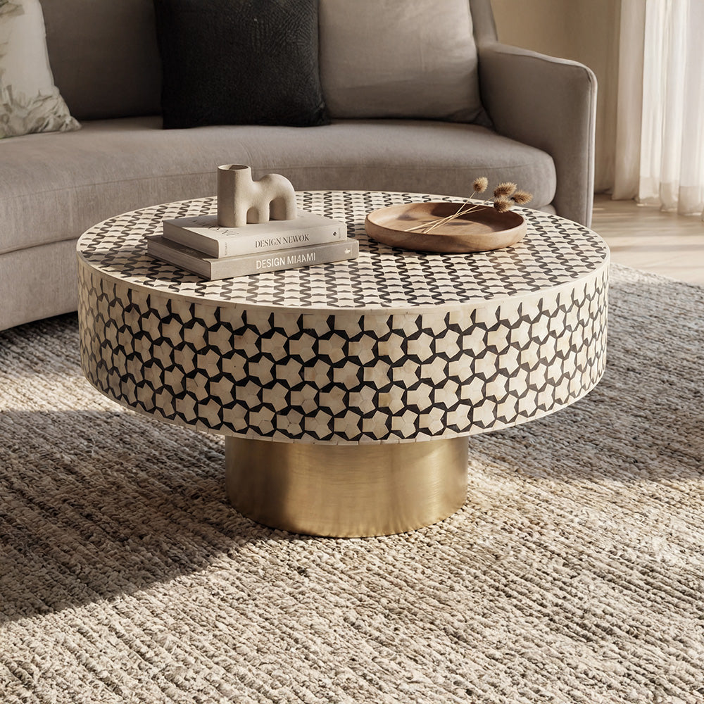 Artisan Bone Inlay Coffee Table with Sculpted Metal Base