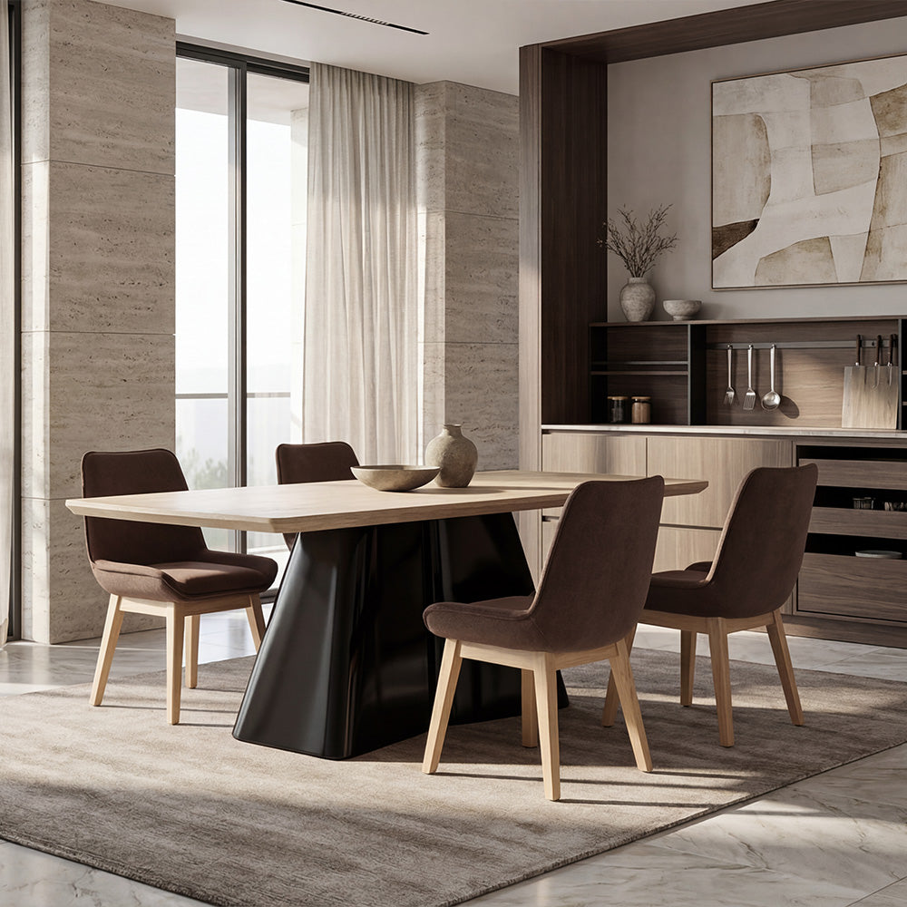 Modern Solid Wood Dining Table with Sculpted Metal Base