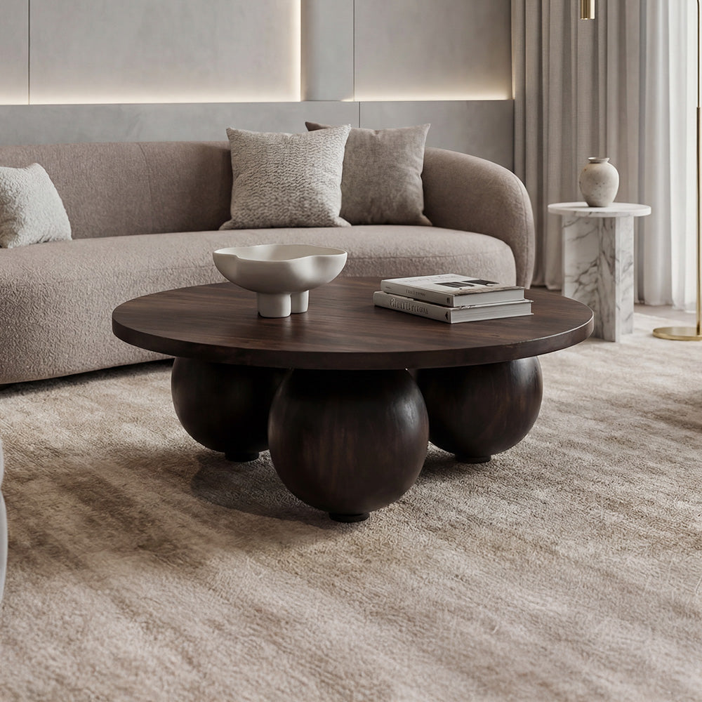 Modern Solid Wood Coffee Table with Sculpted Three-Ball Base