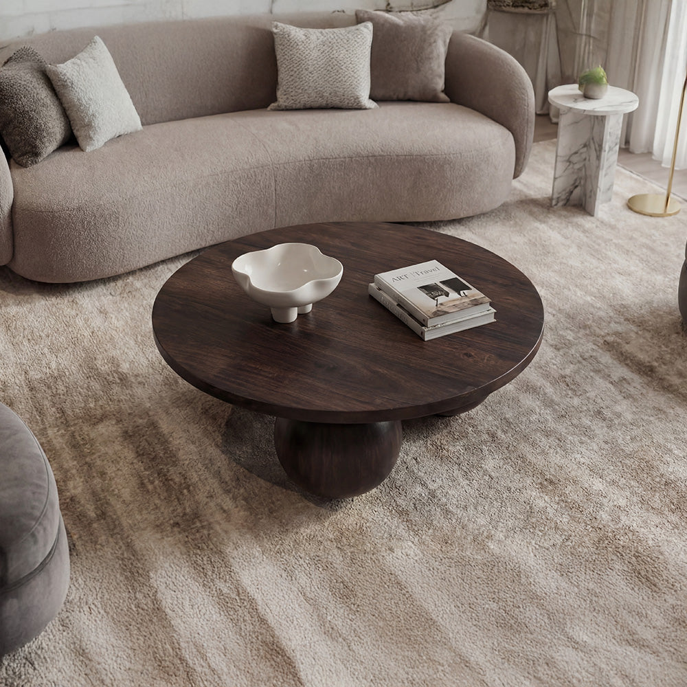 Modern Solid Wood Coffee Table with Sculpted Three-Ball Base