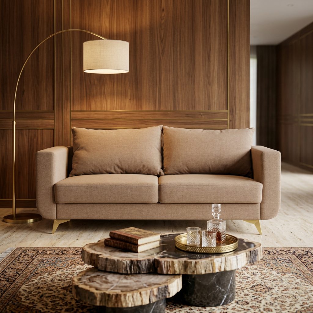 Beige three seater sofa styled view