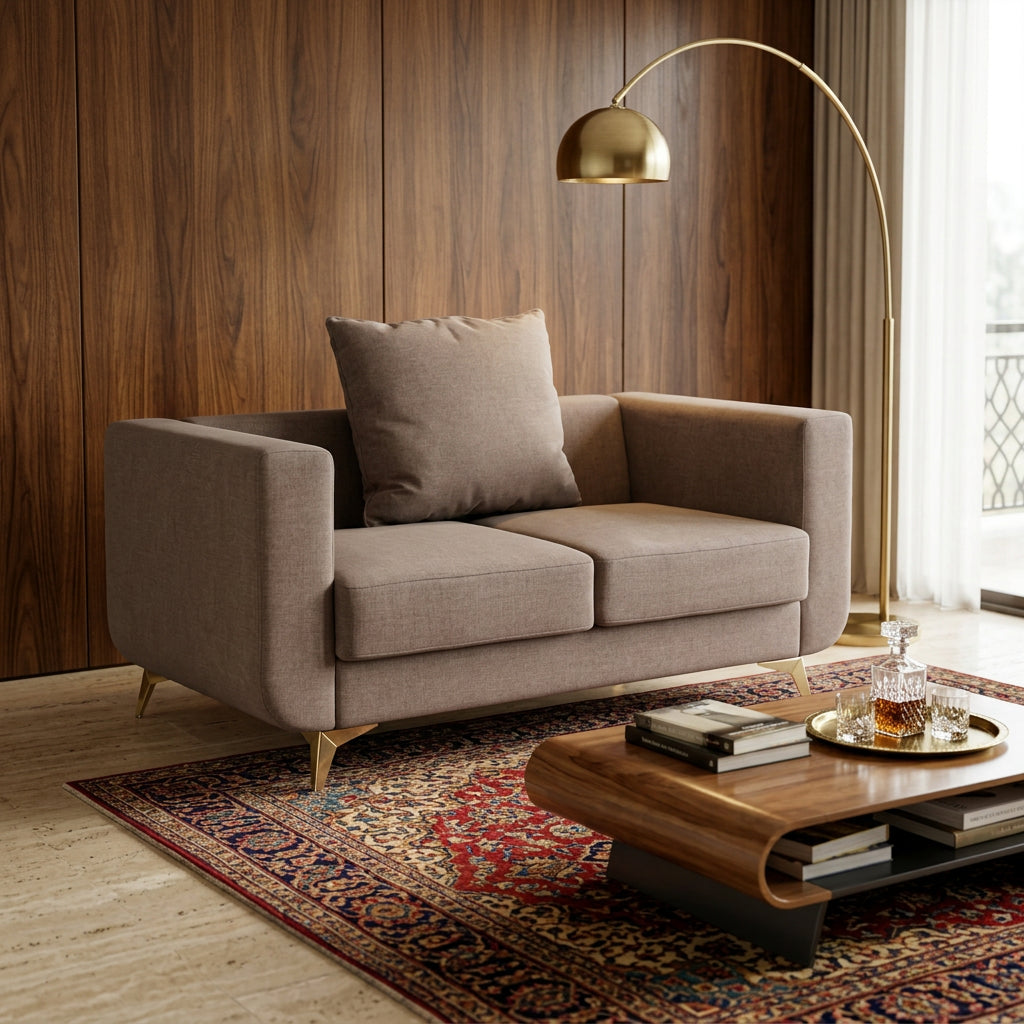 Taupe grey sofa styled view