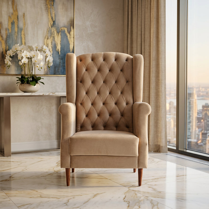 Beige Tufted Wingback Armchair in luxury interior