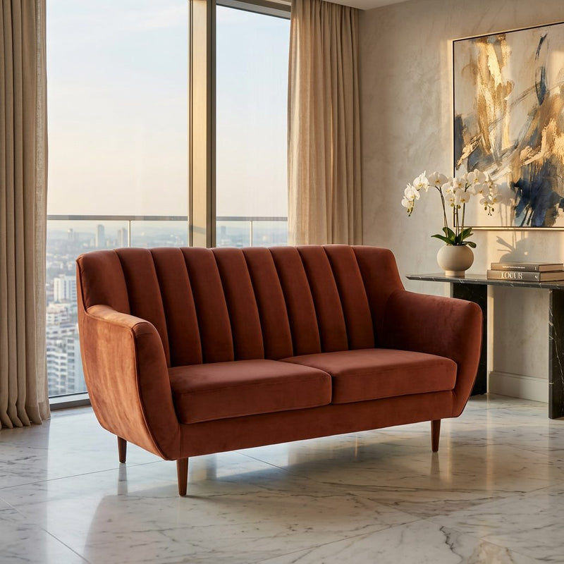 Rust Velvet Channel Tufted 3 Seater Sofa in luxury interior