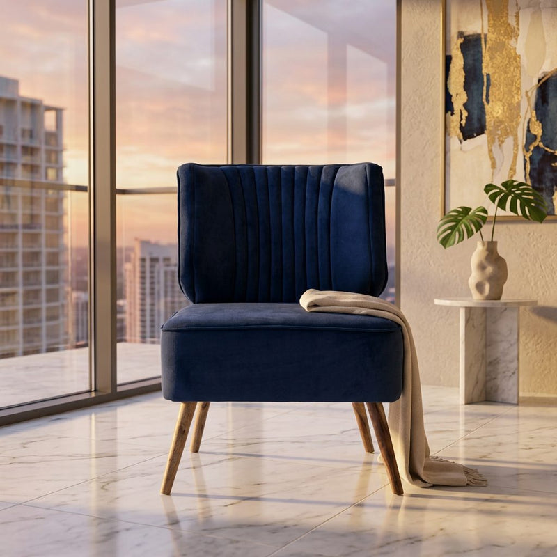 Navy Blue Velvet Channel Tufted Armless Accent Chair in luxury interior