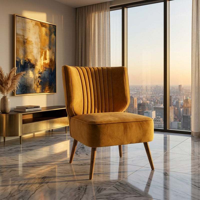 Mustard Yellow Velvet Channel Tufted Armless Accent Chair in luxury interior