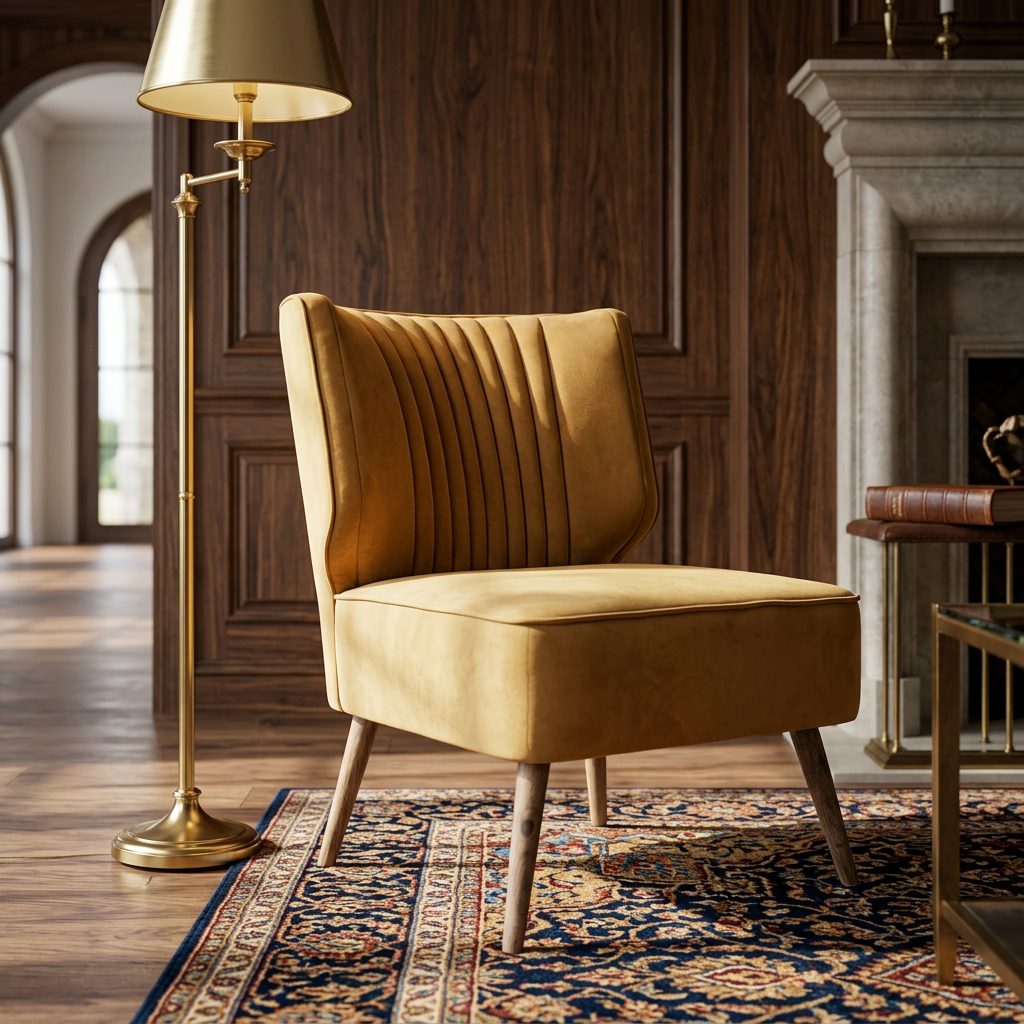 Mustard yellow armless accent chair styled view
