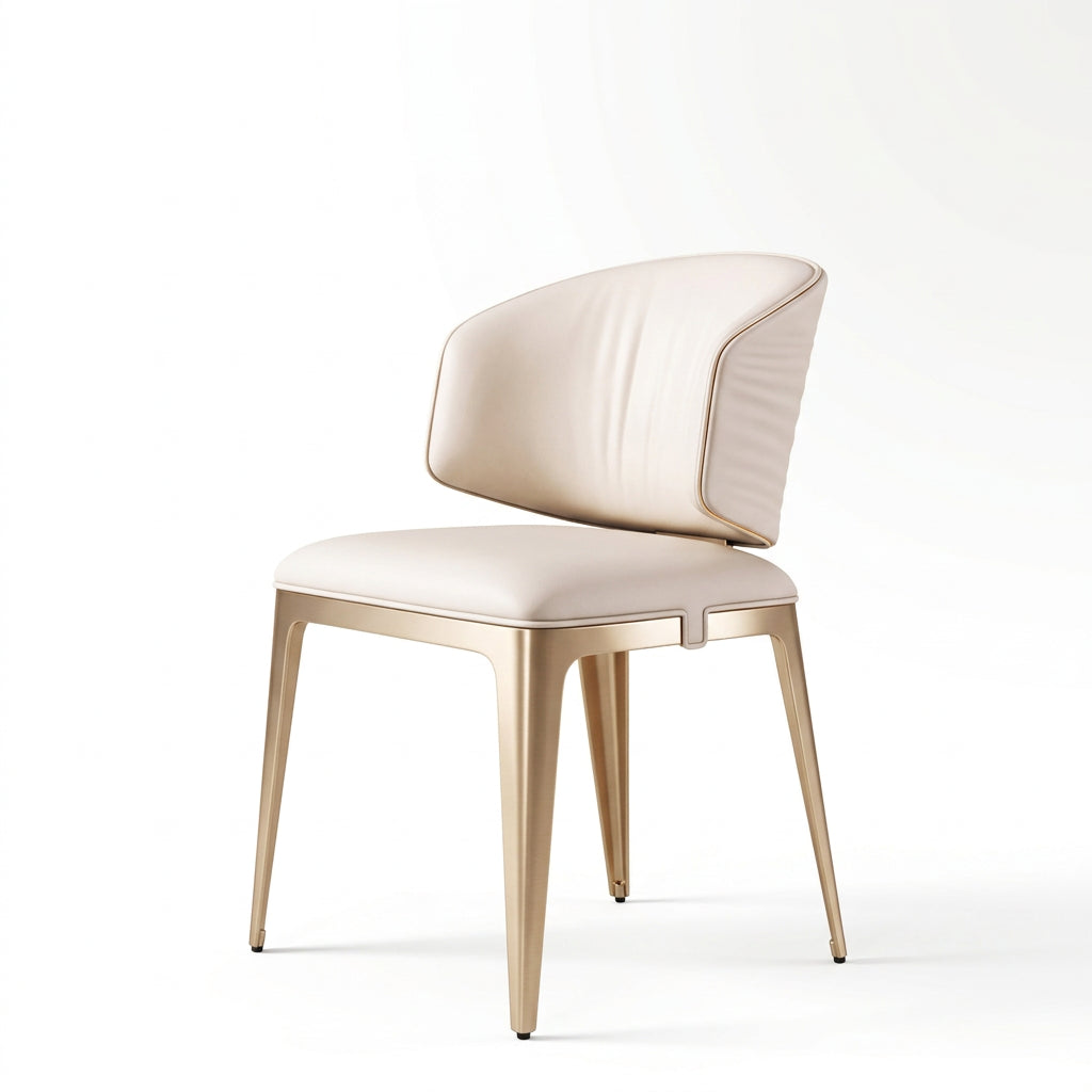 Cream leather dining chair with champagne gold legs on white background