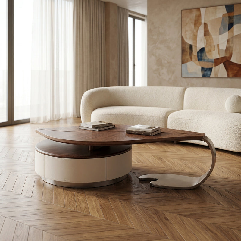 Walnut leaf sculptural coffee table in a luxury living room