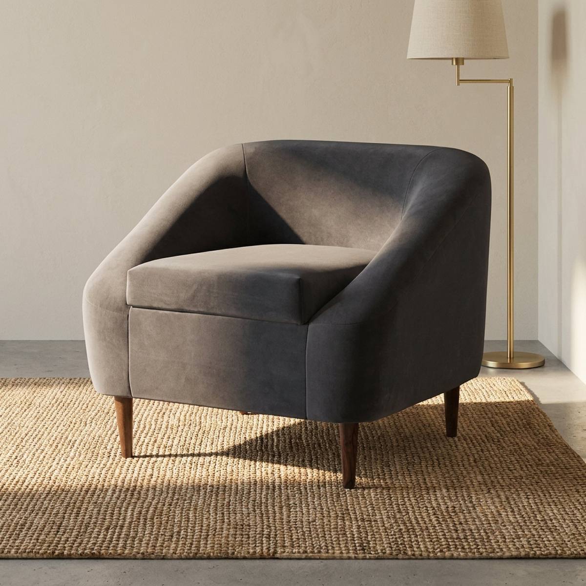 Charcoal velvet lounge chair with floor lamp