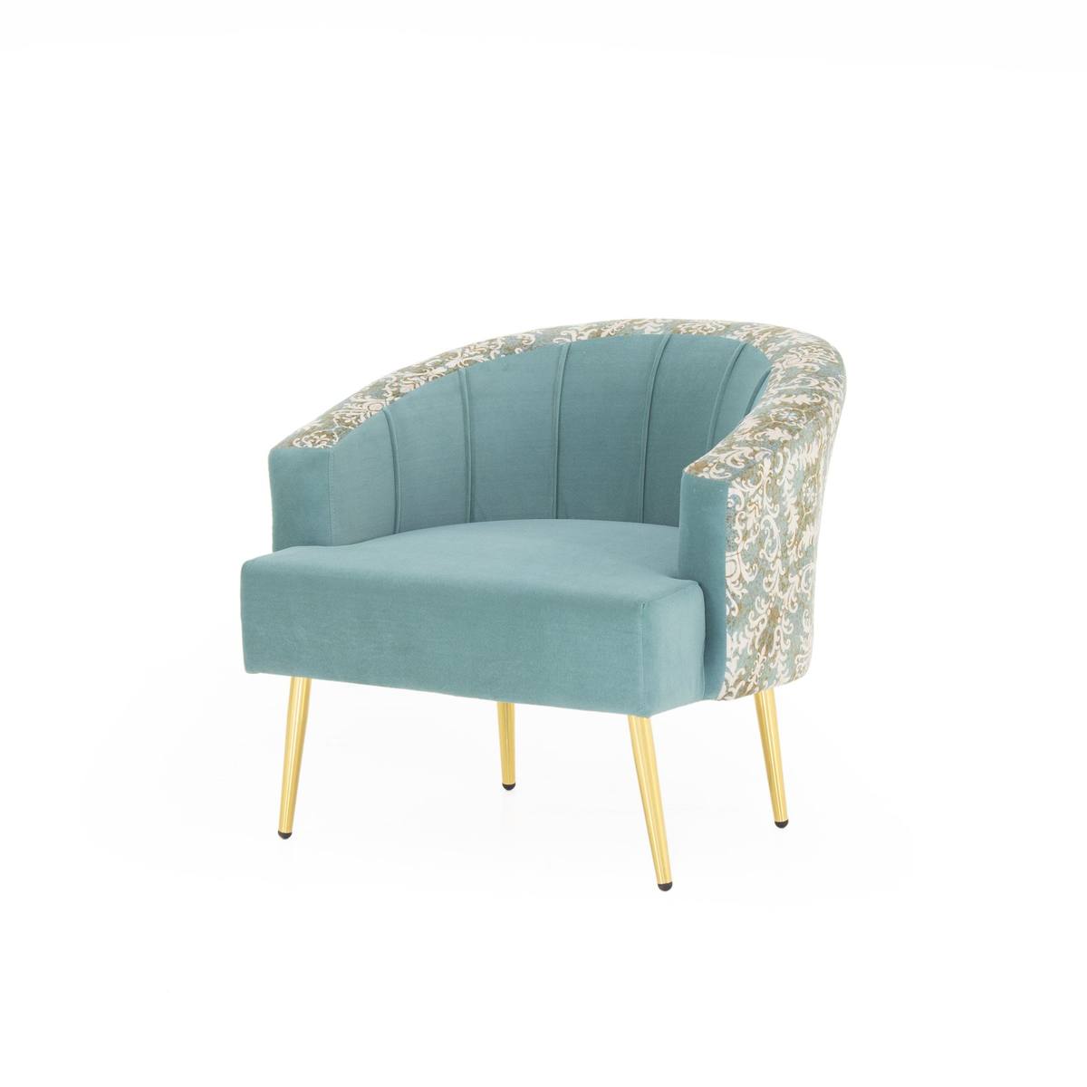 Golden beige velvet accent chair angled studio shot