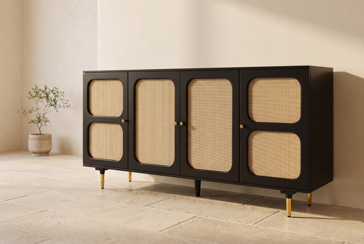 Angled view of the black and cane sideboard in a sunlit room