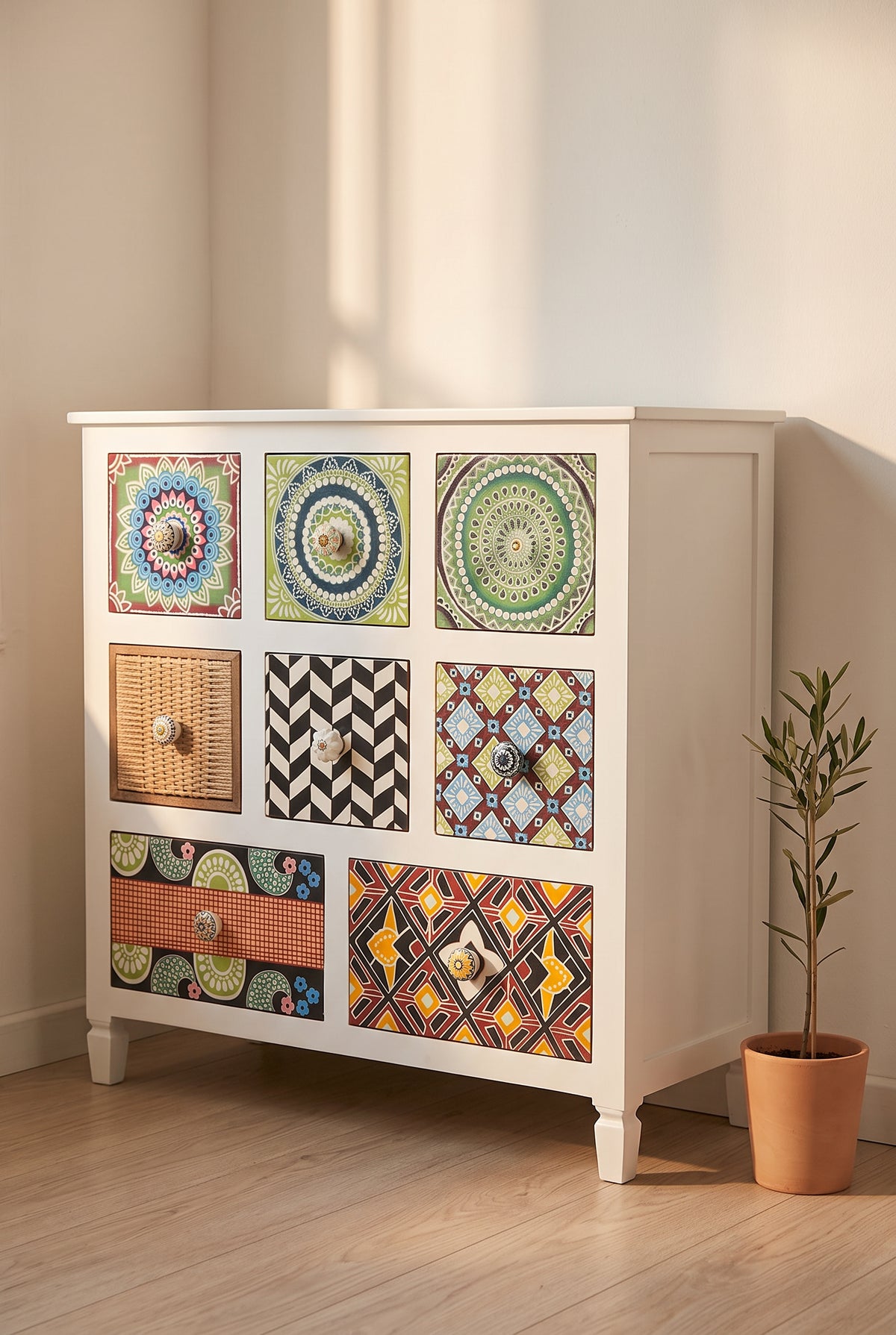 Angled view of the tile print chest of drawers in a sunlit corner
