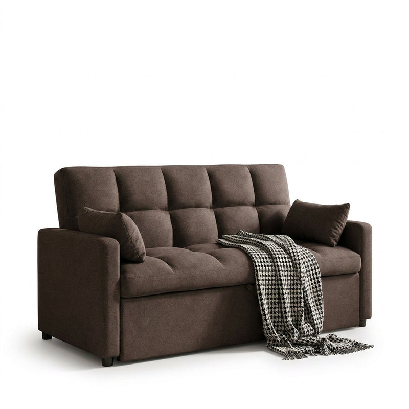 Rivera 3 seater dark brown fabric sofa cum bed on white background
