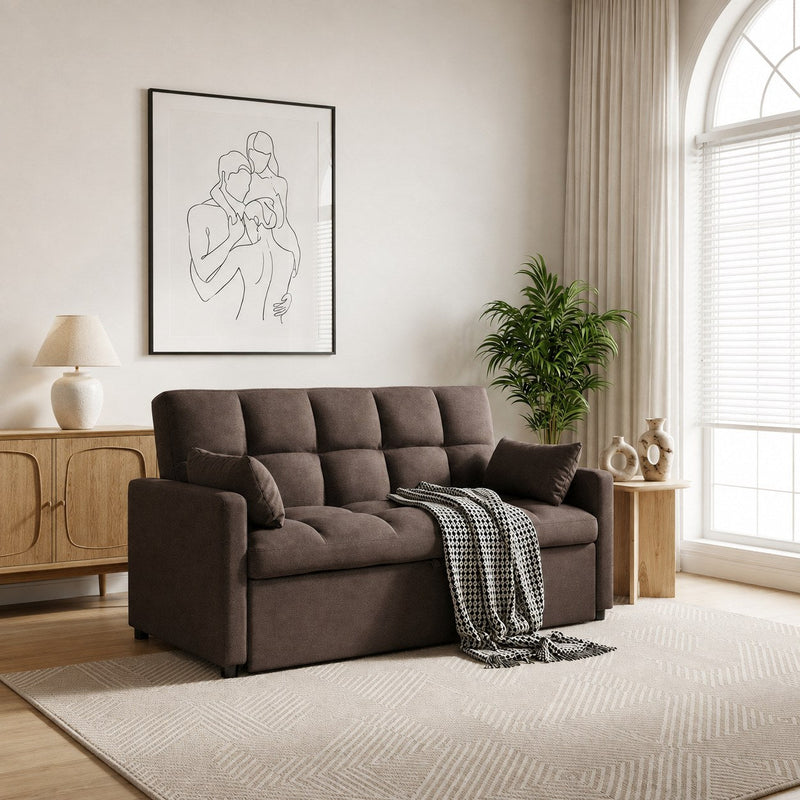 Rivera dark brown sofa cum bed styled in a modern living room