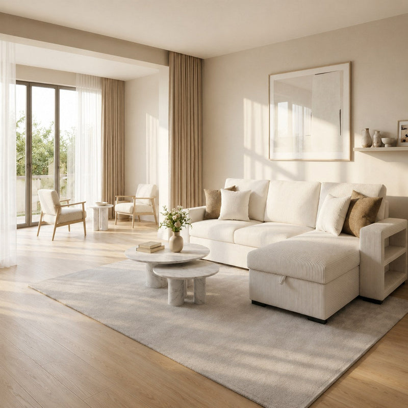 Solace ivory corduroy L shape sofa in a bright living room