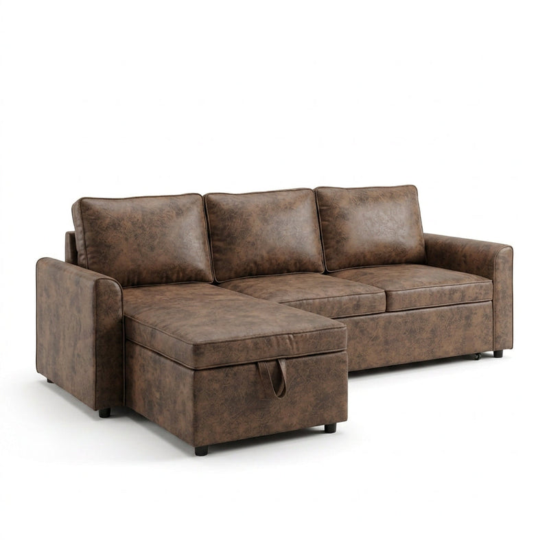 Aspen distressed brown faux leather L shape sofa cum bed on white background