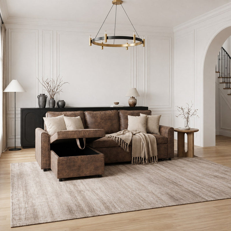 Aspen brown leather L shape sofa with open storage in a classic living room