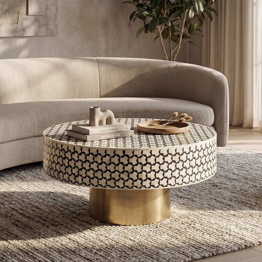 Artisan Bone Inlay Coffee Table with Sculpted Metal Base