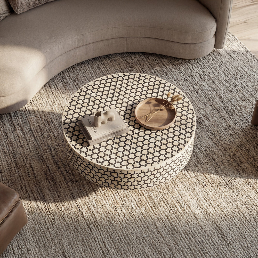 Artisan Bone Inlay Coffee Table with Sculpted Metal Base