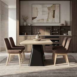 Modern Solid Wood Dining Table with Sculpted Metal Base