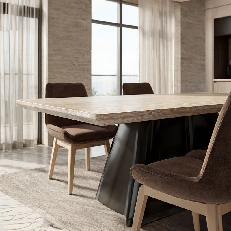 Modern Solid Wood Dining Table with Sculpted Metal Base