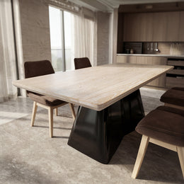 Modern Solid Wood Dining Table with Sculpted Metal Base