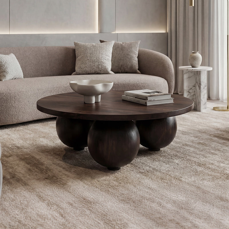 Modern Solid Wood Coffee Table with Sculpted Three-Ball Base