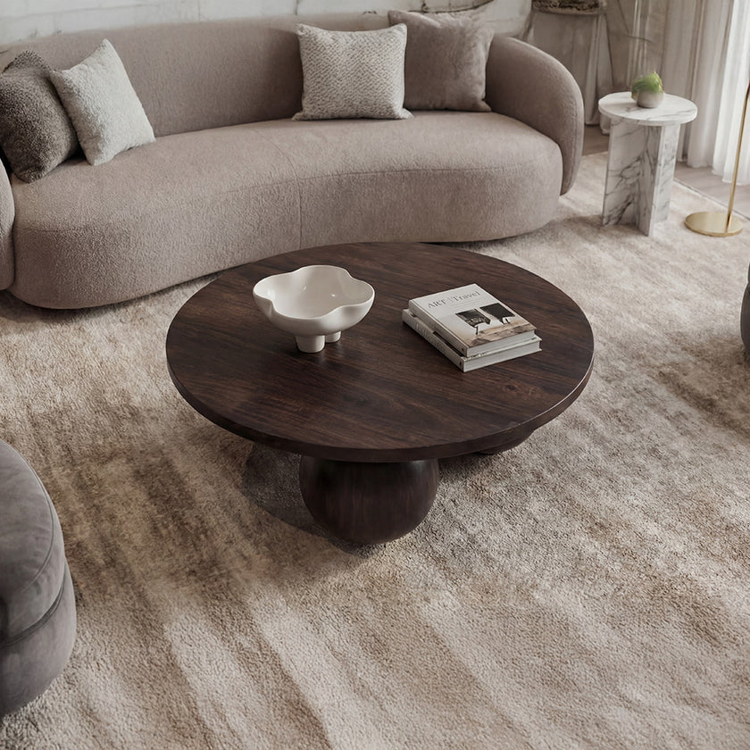 Modern Solid Wood Coffee Table with Sculpted Three-Ball Base