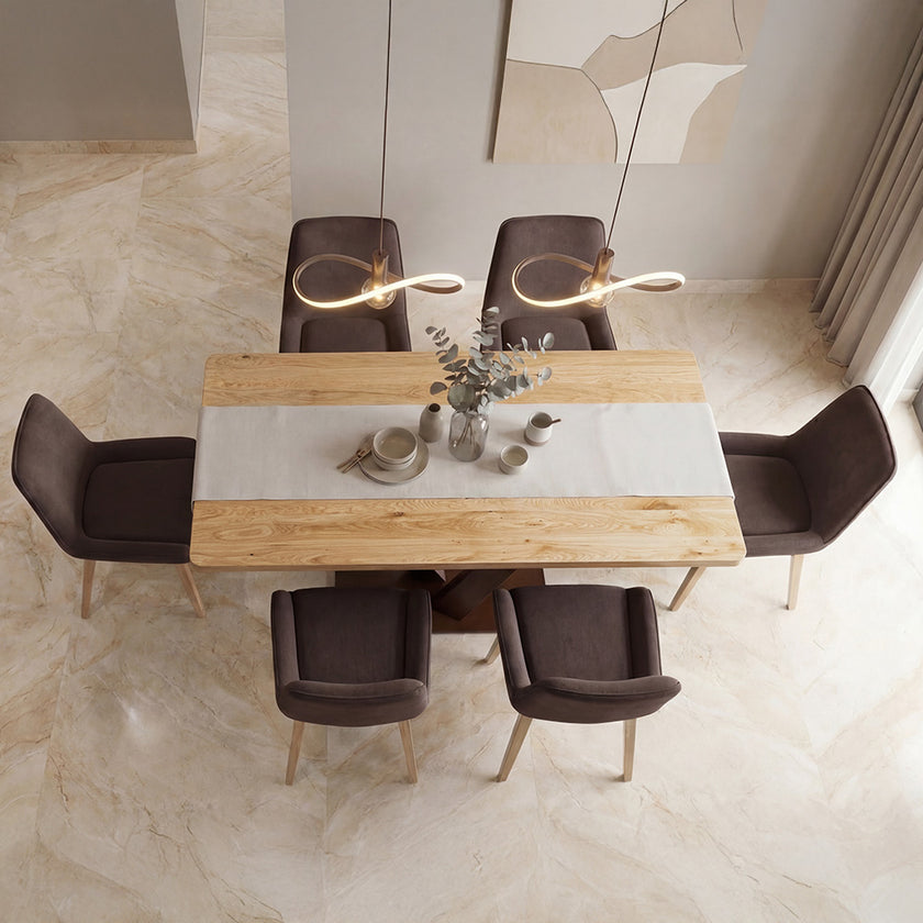 Modern Solid Wood Dining Table with Bold Central Metal Base