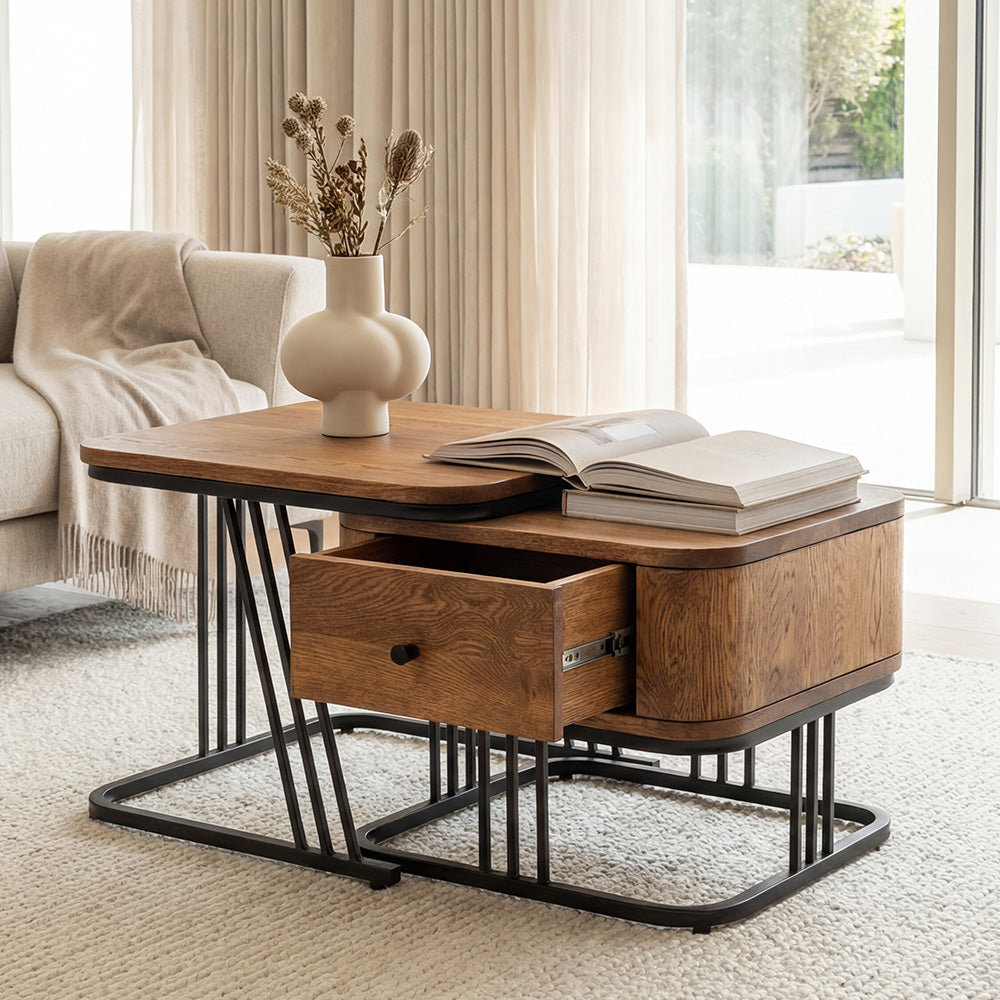 Modern Solid Wood Nesting Table Set with Metal Frame