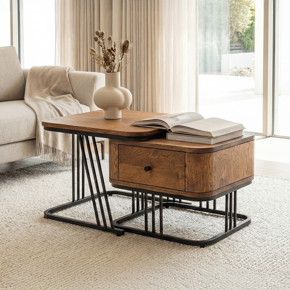 Modern Solid Wood Nesting Table Set with Metal Frame
