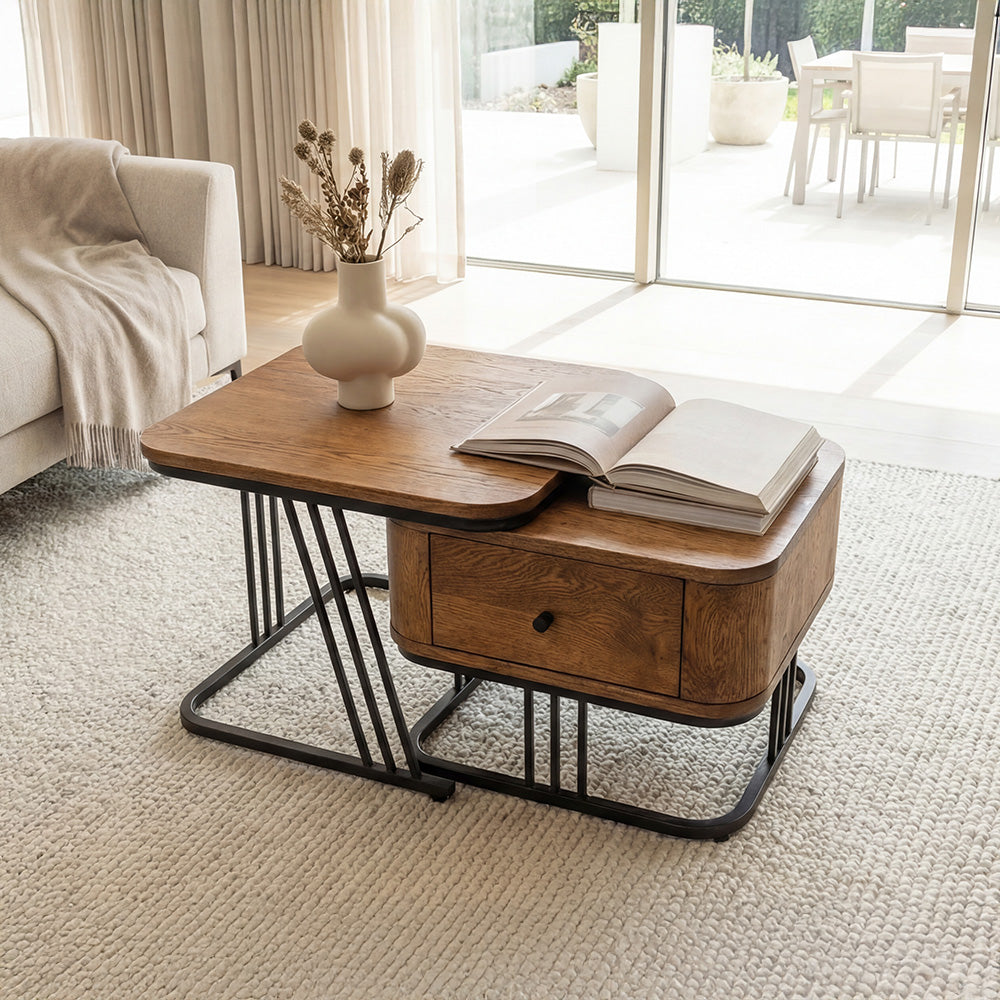Modern Solid Wood Nesting Table Set with Metal Frame