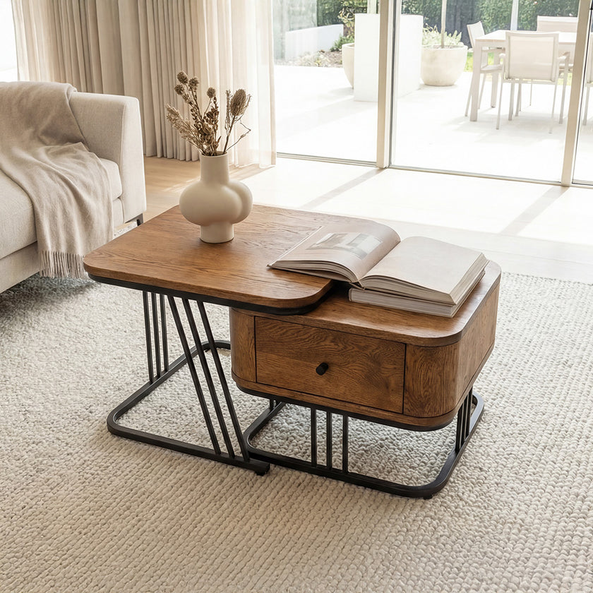 Modern Solid Wood Nesting Table Set with Metal Frame