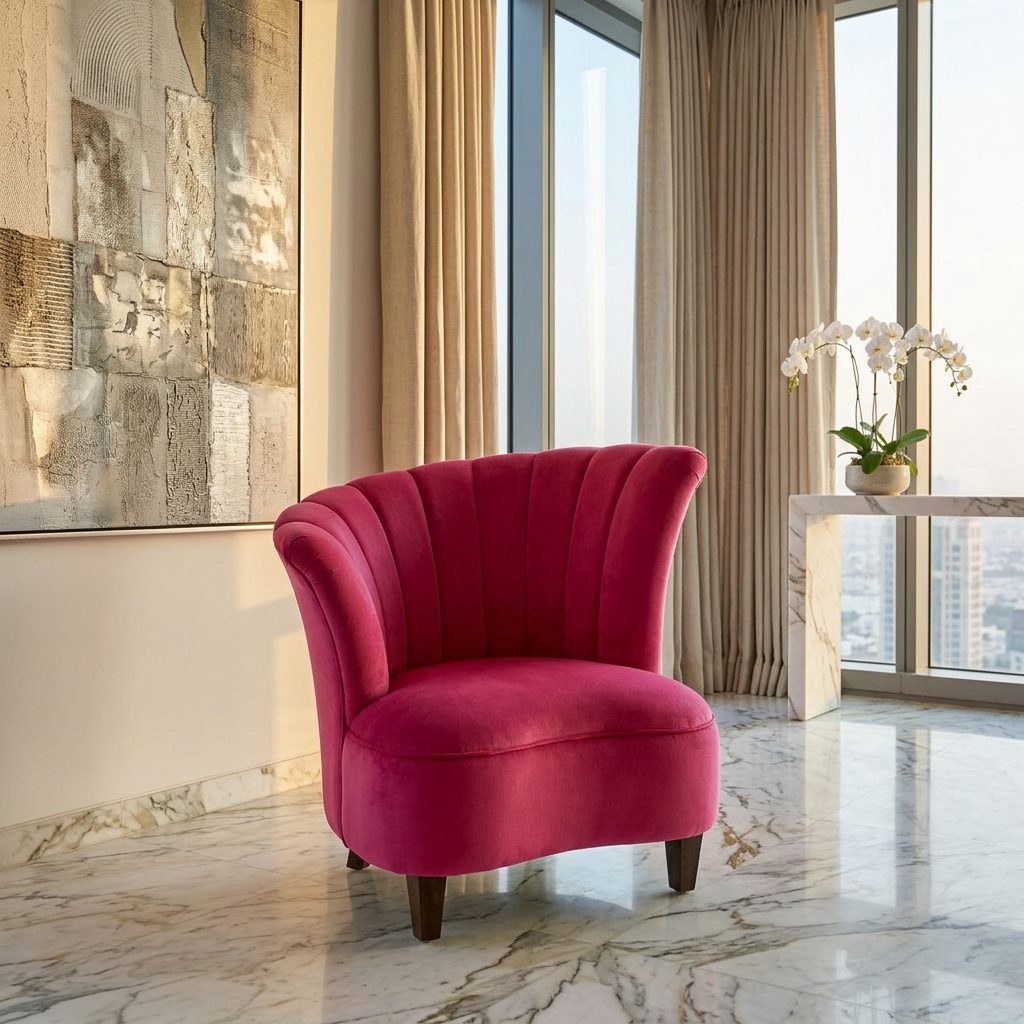 Fuchsia Pink Velvet Shell Back Accent Chair in luxury interior
