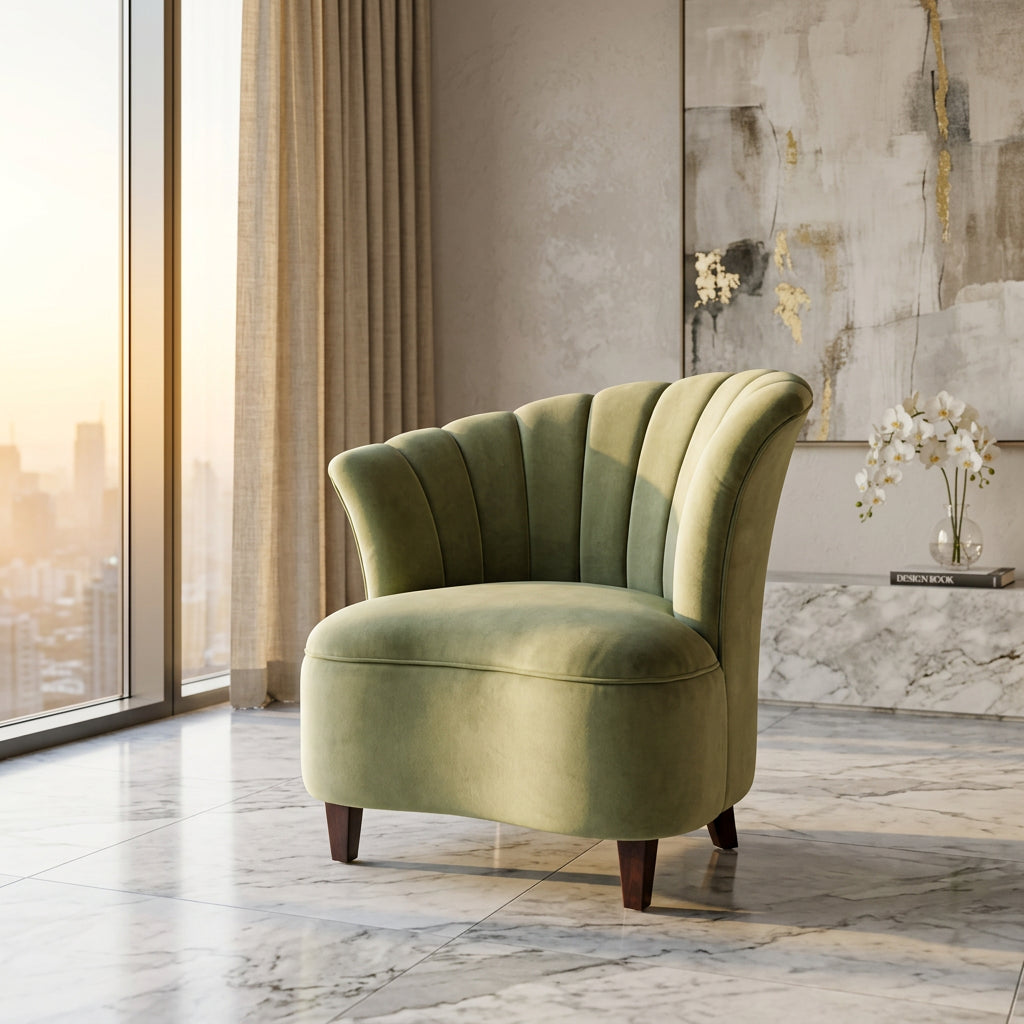 Sage Green Velvet Shell Back Accent Chair in luxury interior