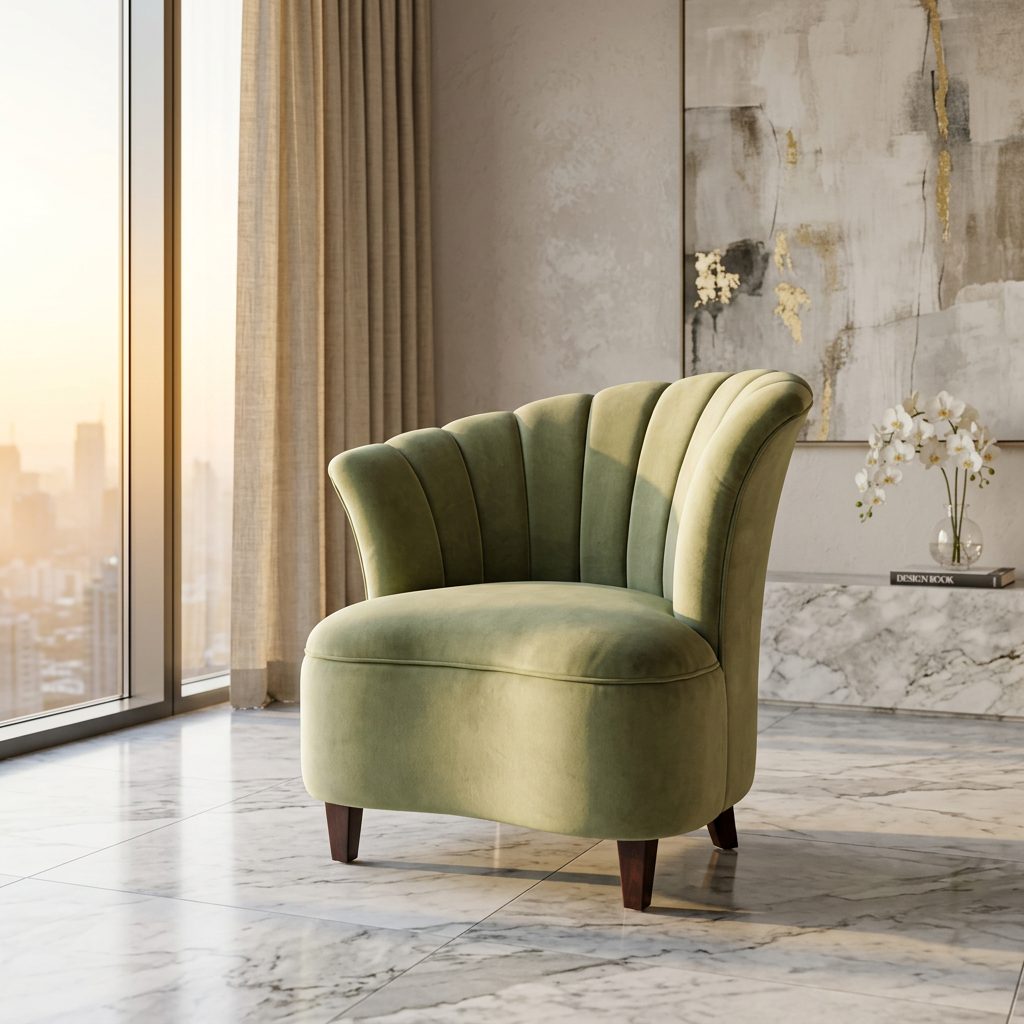Sage Green Velvet Shell Back Accent Chair in luxury interior