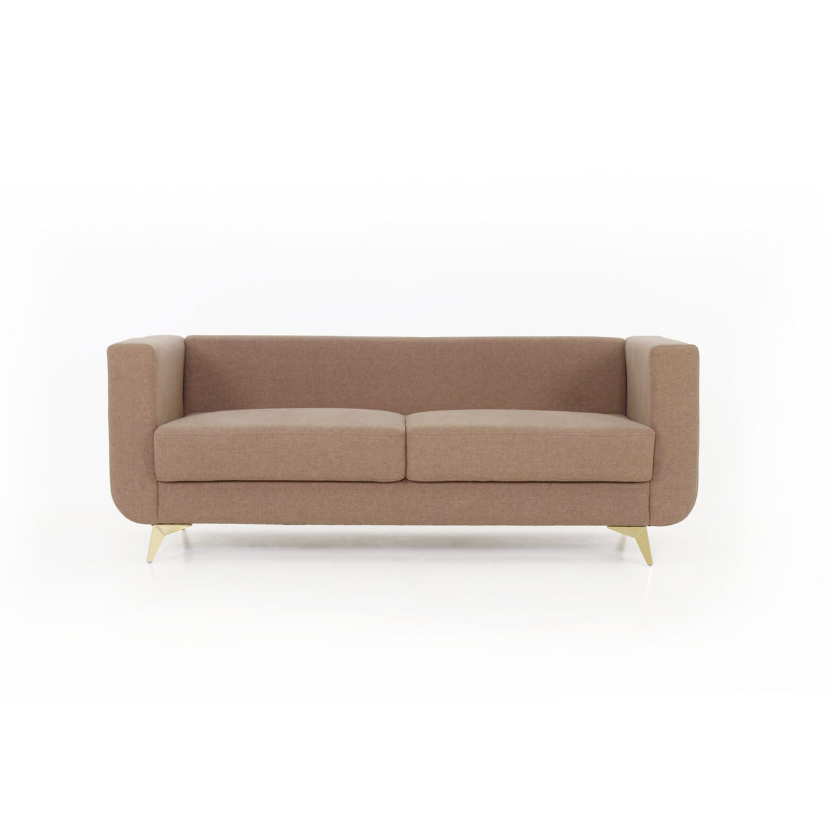 Beige three seater sofa angled view