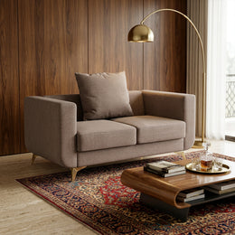 Taupe grey sofa styled view