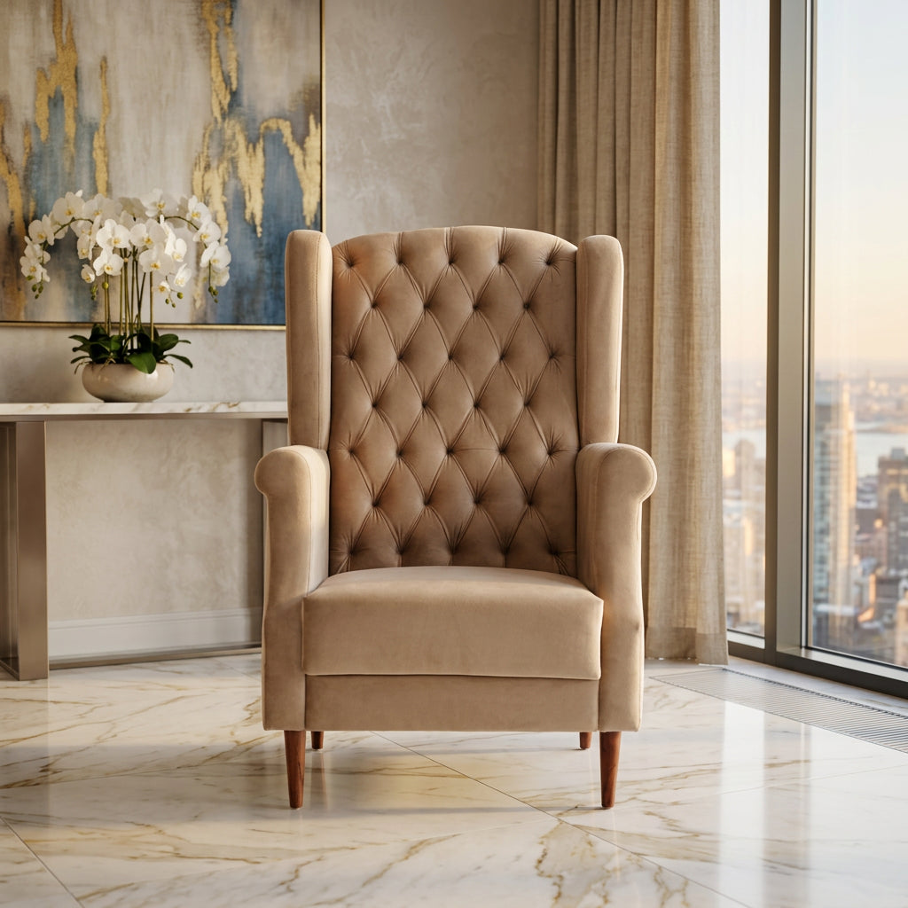 Beige Tufted Wingback Armchair in luxury interior