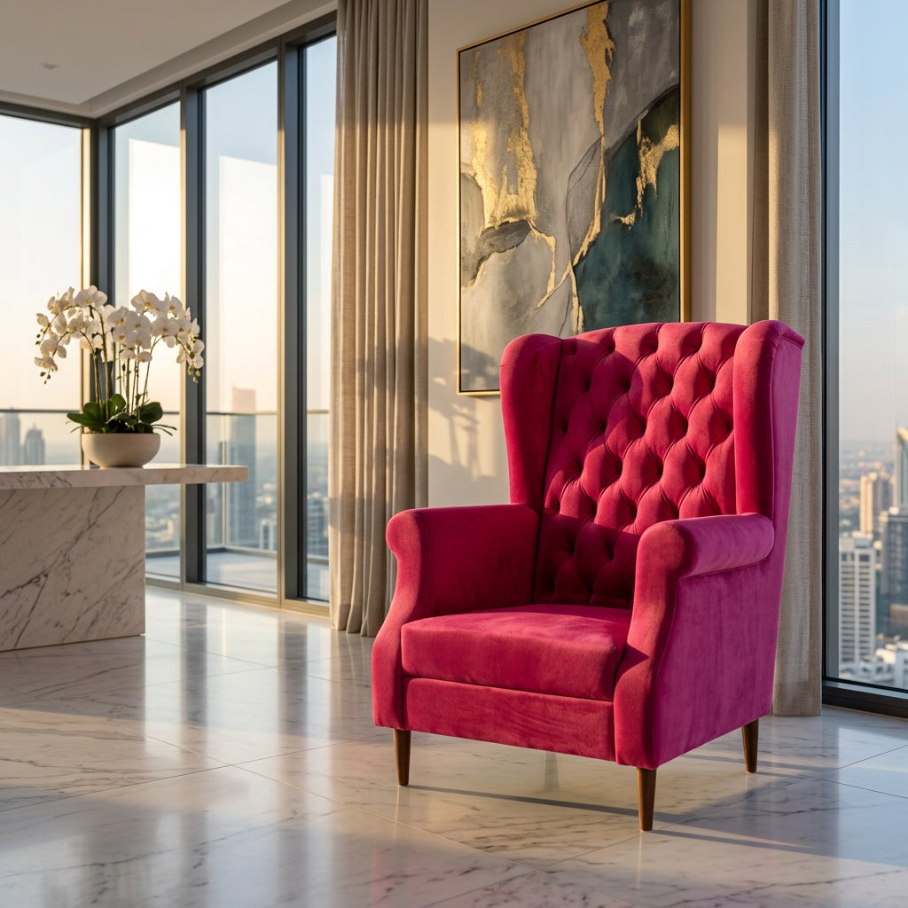 Fuchsia Pink Tufted Wingback Armchair in luxury interior