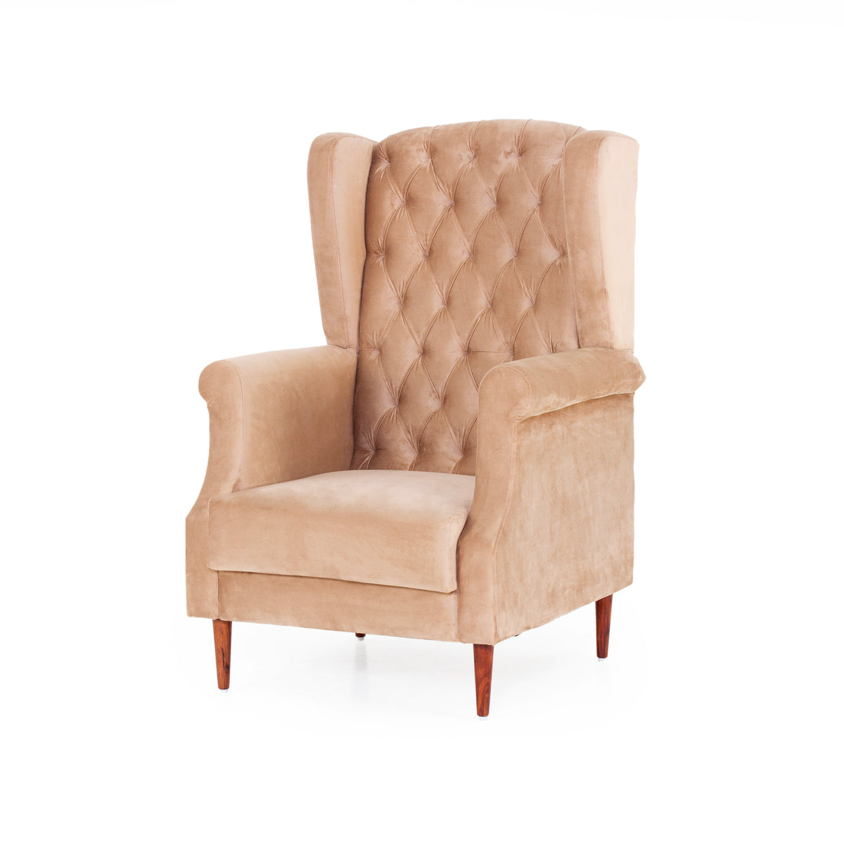 Beige wingback chair angled view