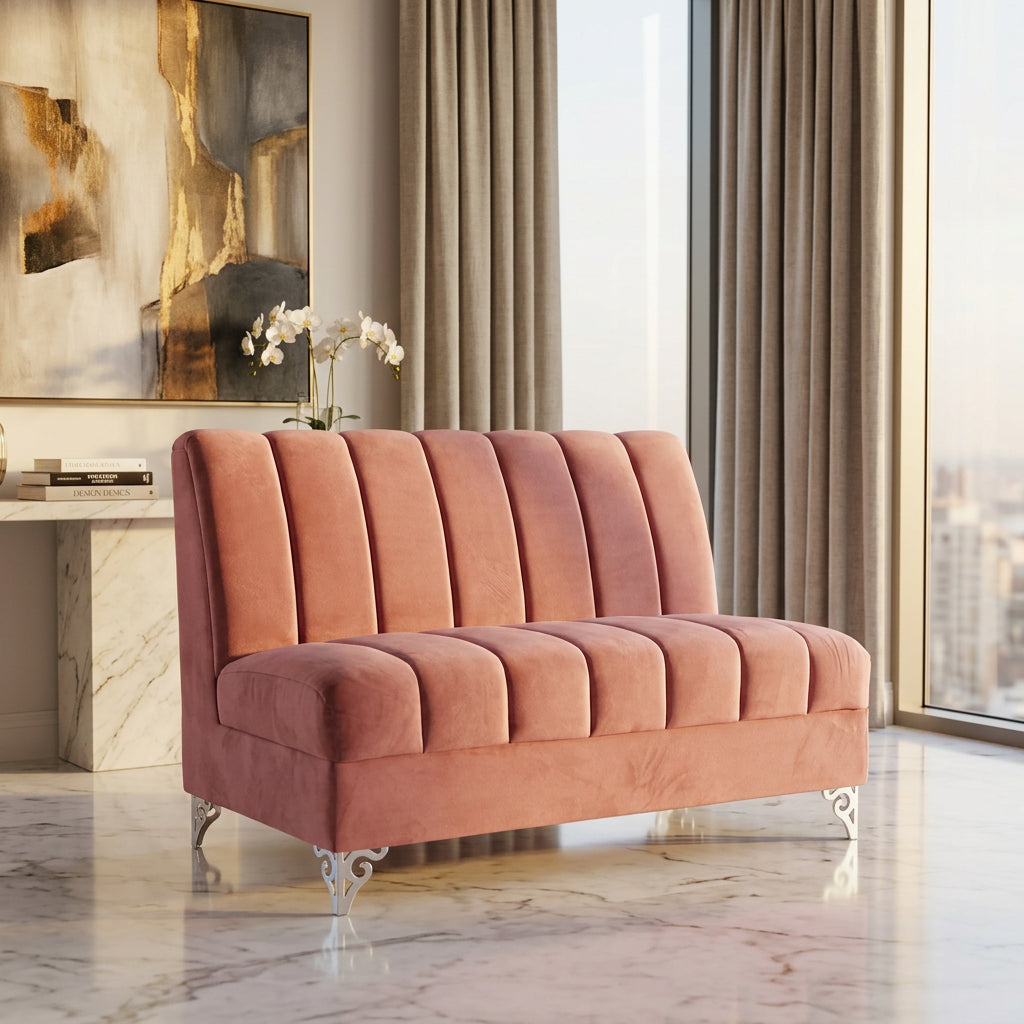 Rose Pink Channel Tufted Settee in luxury interior