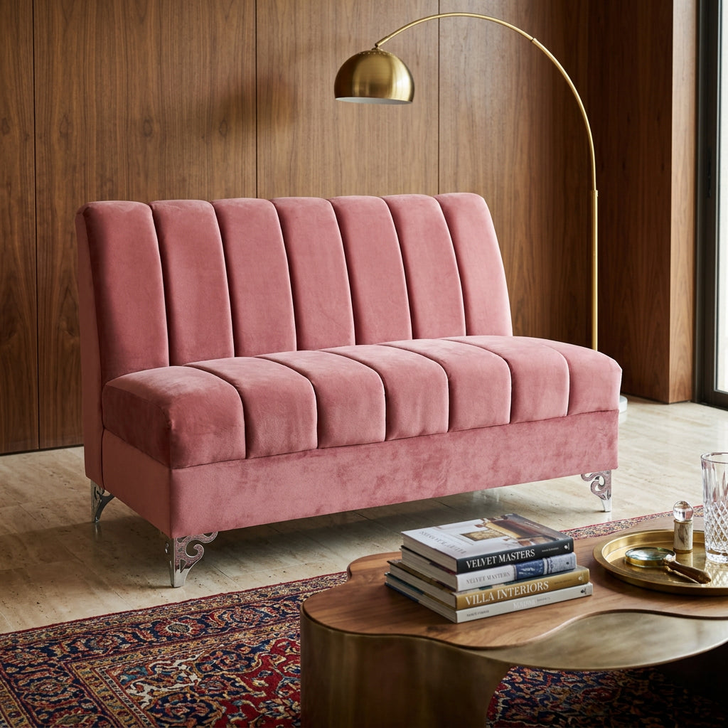Rose pink settee styled view