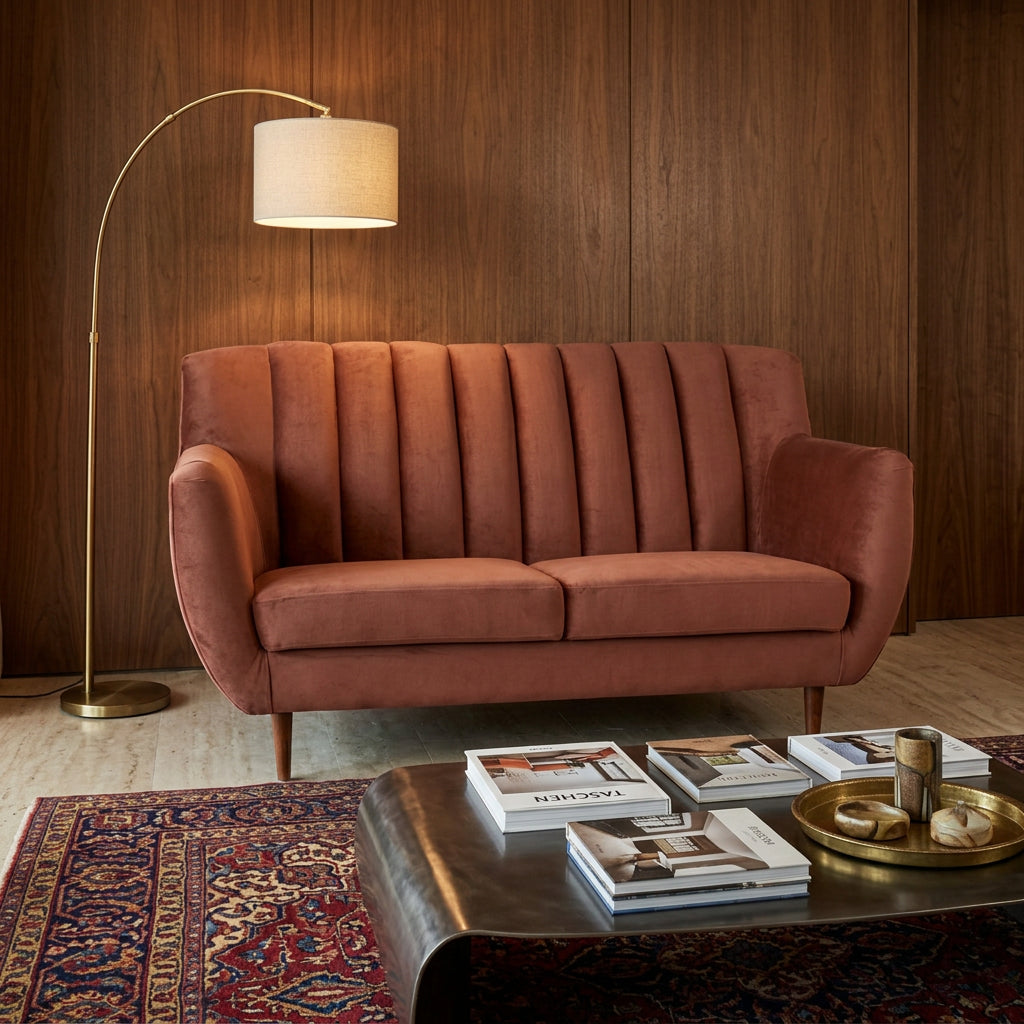 Rust velvet sofa styled view