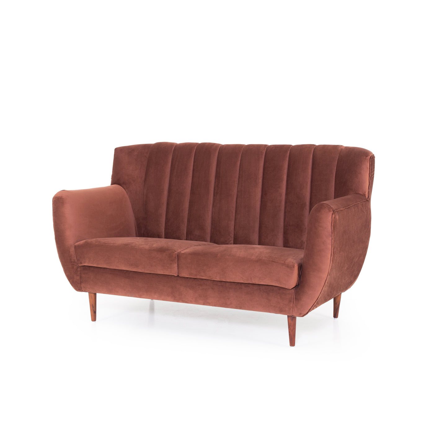 Rust velvet sofa angled view