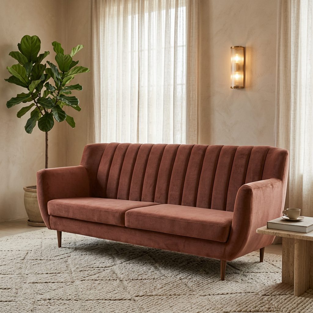Rust Velvet Channel Tufted 2 Seater Sofa in luxury interior