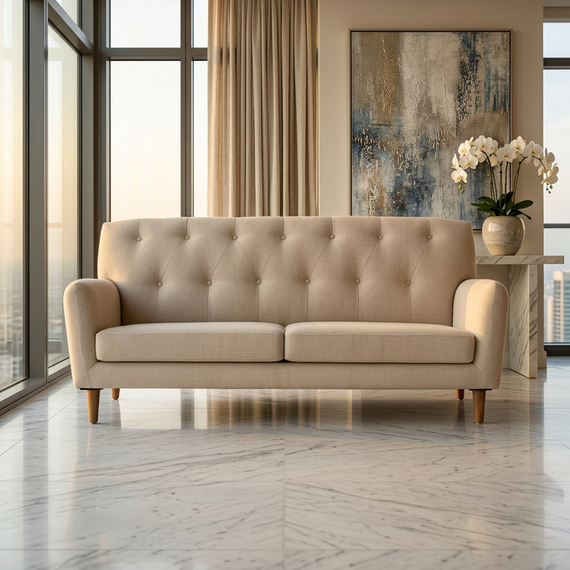 Ivory Beige Tufted 3 Seater Sofa in luxury interior