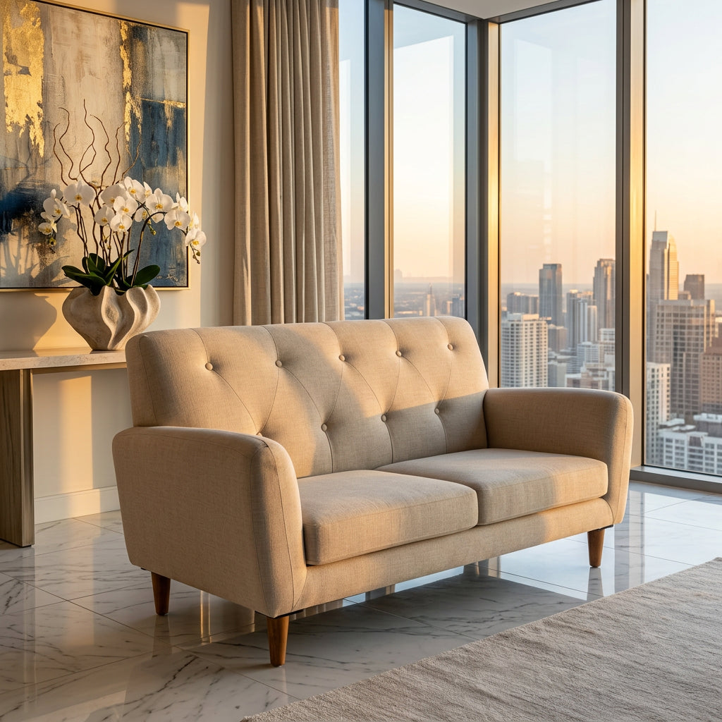Ivory Beige Tufted 2 Seater Sofa in luxury interior