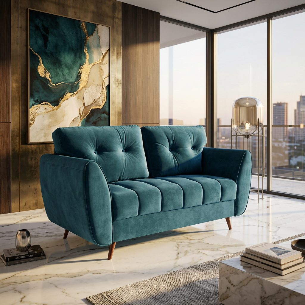 Teal Blue Velvet Tufted 2 Seater Sofa in luxury interior